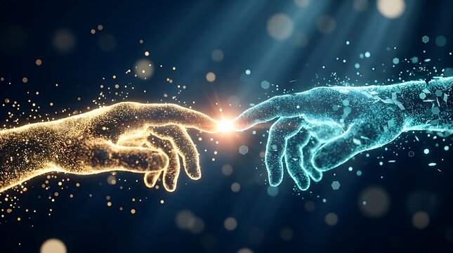 Glowing digital hands connecting through light particles, futuristic AI interaction concept