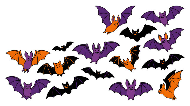 Set of cute cartoon Halloween bats flying in orange purple and black colors isolated on a white background for festive holiday design