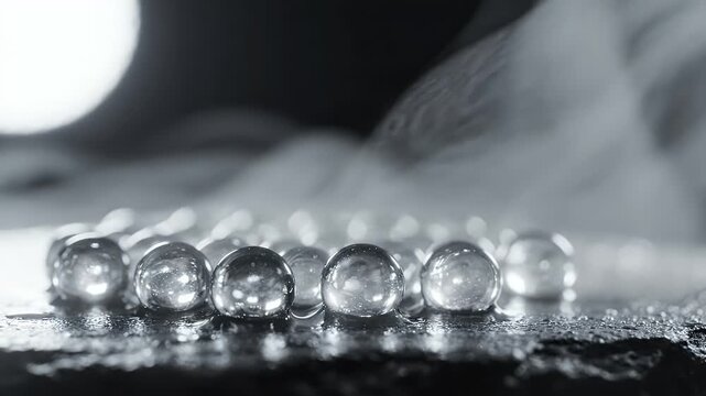 Black and White Water Beads with Mysterious Steam - A close-up, low-angle shot focuses on a line of clear water beads, reflecting light and appearing glossy on a wet, textured surface.