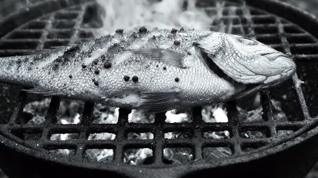 Whole Grilled Fish on Charcoal Grill Black and White Close-up - A whole fish is grilled to perfection on a charcoal grill in a dramatic black and white close-up shot.