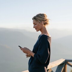 Obraz premium Blonde woman on mountain balcony side profile holding phone and drink for wellness blog header and lifestyle background