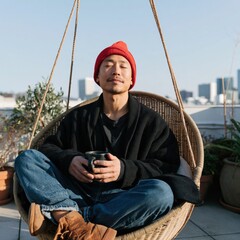Obraz premium Woven swing chair meditation with red beanie man holding a mug on a rooftop for mindfulness background and calm lifestyle design