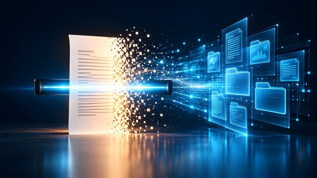 Physical paper document transforming into digital data pixels and glowing file icons representing digitization