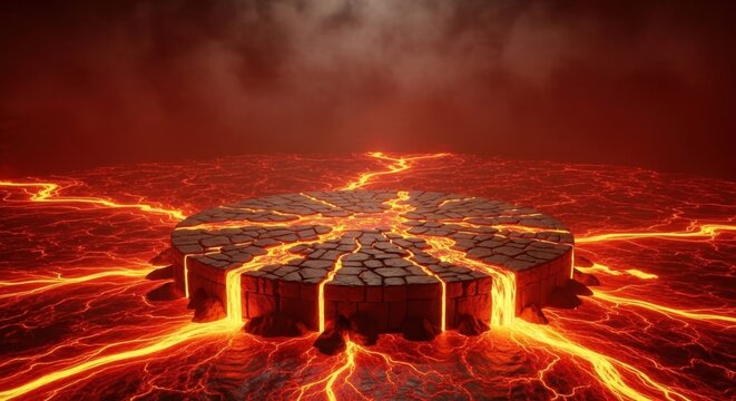 Fiery Stage of Desolation: A circular stone platform cracks and erupts amidst a sea of molten lava, with glowing fissures spreading across the desolate, volcanic landscape under a smoky, ominous sky.