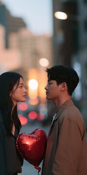 Romantic couple facing each other holding red heart balloon at dusk for valentine banner background and urban love poster design