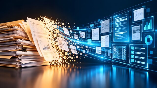 Large stack of physical documents dissolving into flying digital dashboard interfaces representing data digitization