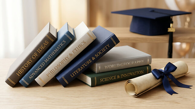 Graduation cap on a stack of books with a tied diploma scroll
