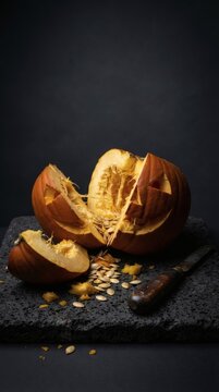 Broken carved Halloween pumpkin with seeds and knife on black background