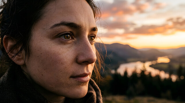Serene young woman with natural skin enjoys a peaceful moment watching the sunset over a picturesque mountain landscape.