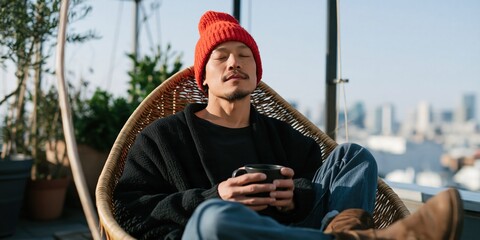 Obraz premium Man with red beanie holding mug on rooftop wicker chair for lifestyle background and banner design