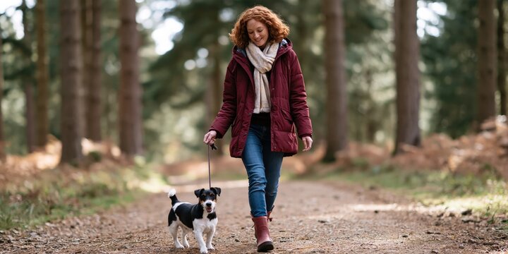 Woman walking dog along a forest trail background for autumn banner design and cozy outdoor lifestyle wallpaper