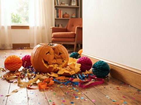 Broken Jack o lantern pumpkin and party confetti scattered on living room floor