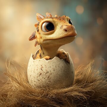 Cute friendly baby dragon hatching from a speckled egg in a golden straw nest, with generous copy space