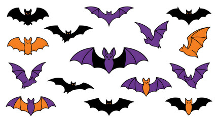 Fototapeta premium Set of halloween bats in flat vector style with black purple and orange colors flying in different poses isolated on white background