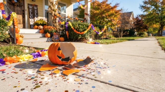 Broken Jack o lantern smashed on sidewalk in front of suburban house for Halloween