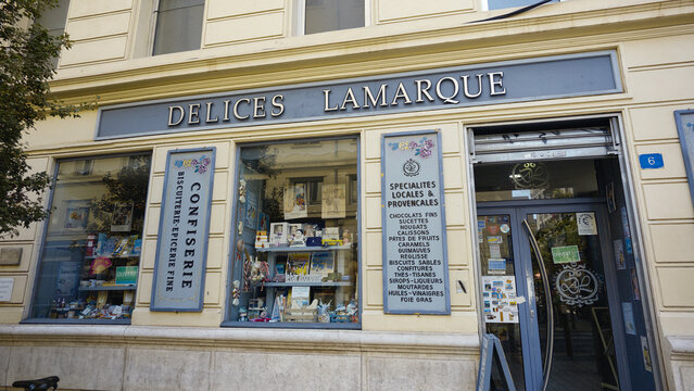 MARSEILLE, FRANCE - SEPTEMBER 16, 2026 - Delices Lamarque confectionery shop displaying local and provencal specialties in its windows