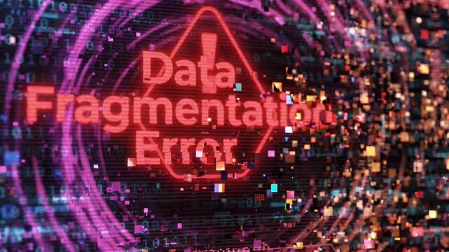 Digital Data Fragmentation Error Displayed on Abstract Interface - A glitching digital interface displays an error message indicating "Data Fragmentation".