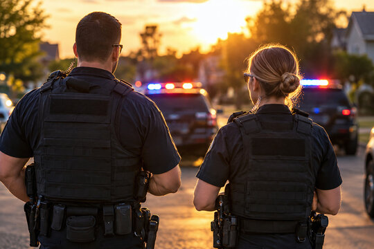 Two police officers standing near patrol cars at sunset scene