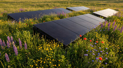 Obraz premium Solar panels installed in a lush meadow filled with colorful wildflowers and green grass reflecting a commitment to sustainable energy and environmental conservation in nature