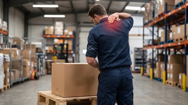 Warehouse worker suffering from shoulder pain during manual labor