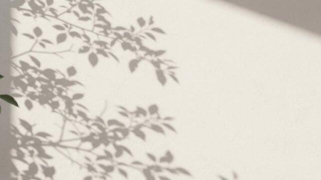 Tree leaf shadow dancing on beige wall in natural sunlight
