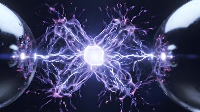 Electric Energy Discharge Forming Figure Eight Between Light Sources - A vibrant purple electrical discharge forms an intricate figure eight pattern as it arcs between two glowing light sources.