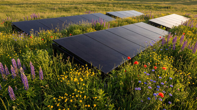 Solar panels installed in a lush meadow filled with colorful wildflowers and green grass reflecting a commitment to sustainable energy and environmental conservation in nature