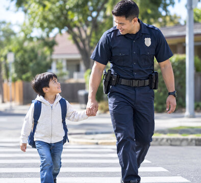 Police officer holding boy's hand crossing street, safety escort