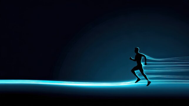 Silhouette of a runner mid stride crossing a glowing cyan light trail on a dark background, with generous copy space