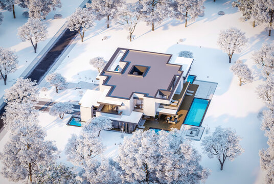3D render of a luxury modern villa in winter.