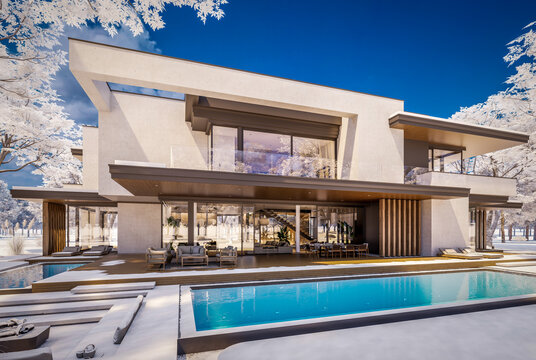 3D render of a luxury modern villa in winter.