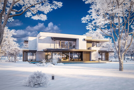 3D render of a luxury modern villa in winter.
