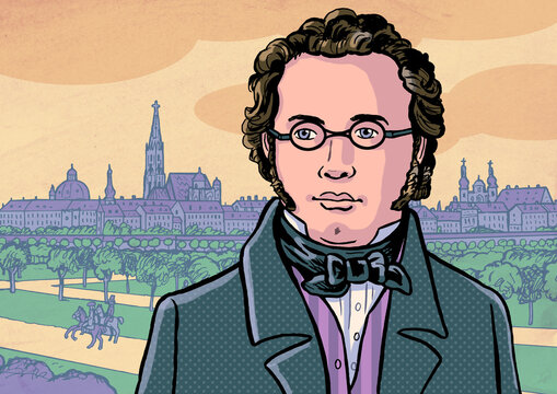 Komponist Franz Schubert vor historischer Wiener Stadtansicht, Illustration