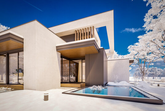 3D render of a luxury modern villa in winter.