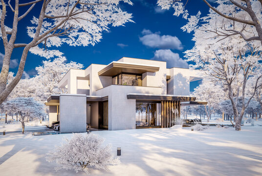 3D render of a luxury modern villa in winter.