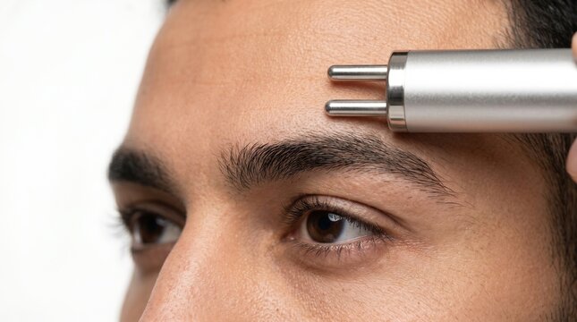 Close up of handsome man receiving microcurrent facial toning therapy on eyebrow area with metal prongs.