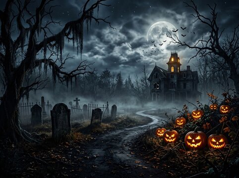 Haunted Halloween graveyard with glowing pumpkins, full moon, mist and dark twisted trees