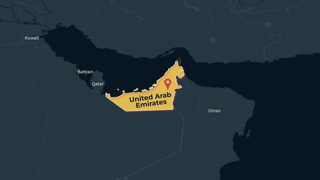 United Arab Emirates Middle East Map Locator Animation Dark Theme 4K Clean dark theme animated locator map highlighting United Arab Emirates in the Middle East for geography, education, travel, 