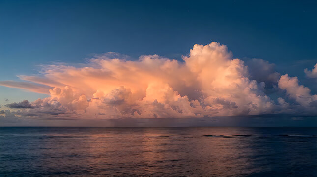 Dramatic orange sunset clouds over the calm dark blue ocean horizon during the late evening hour