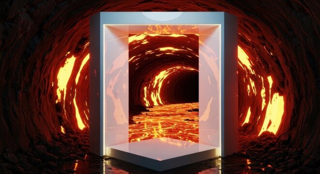 Portal to Inferno: A mysterious portal, illuminated by molten lava, opens into a fiery tunnel, suggesting a dangerous journey or a gateway to another dimension.