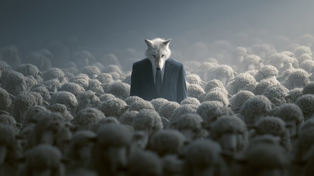 wolf in a suit is hiding among sheep metaphorical illustration