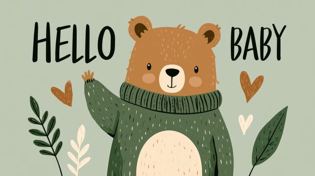 baby birth greeting card with cute bear illustration