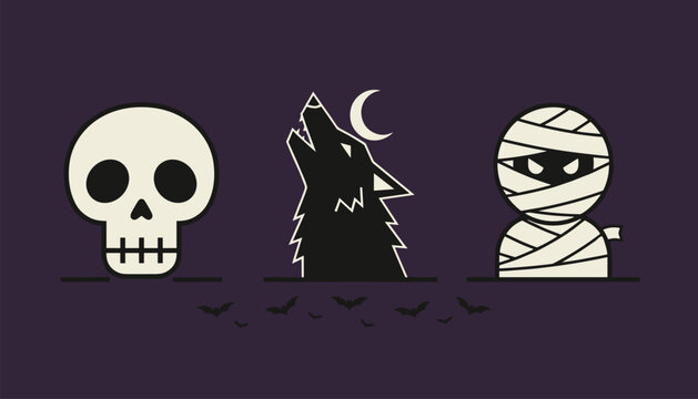 Spooky Halloween scene featuring a white skull, a black howling wolf with crescent moon, and a wrapped mummy against a dark purple background.