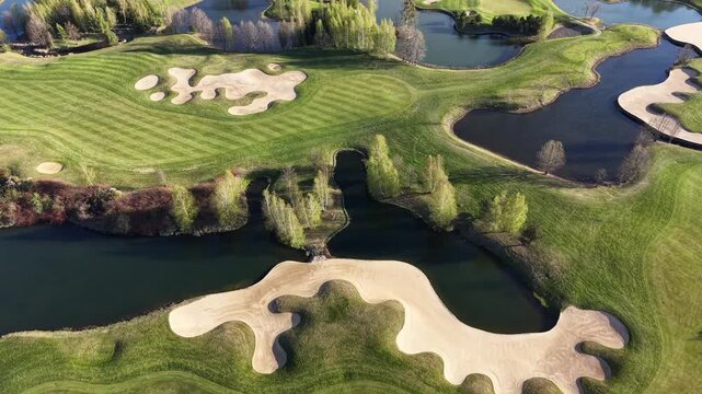 Lush green golf course with water hazards and sand traps