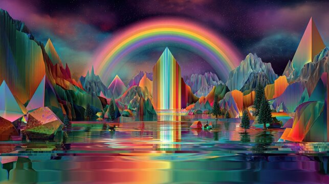 surreal rainbow fantasy landscape with crystal structures and reflections illustration