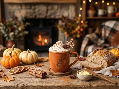 Cozy cup of hot chocolate topped with marshmallows near a fireplace with autumn decor