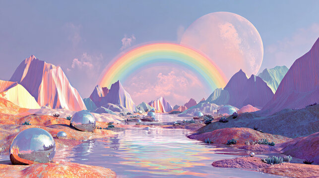 dreamlike fantasy landscape with a glowing rainbow over colorful mountains and a reflective lake illustration