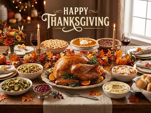 Happy Thanksgiving banner over a festive dinner table full of turkey and autumn food