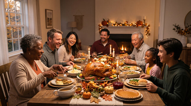 Happy family gathering around a candlelit table enjoying a Thanksgiving dinner feast