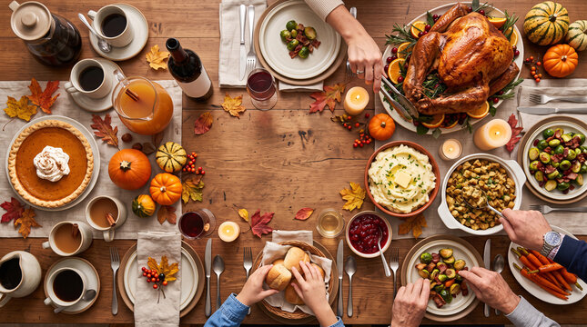 Top view of a rich Thanksgiving dinner feast spread with turkey, wine, and sides